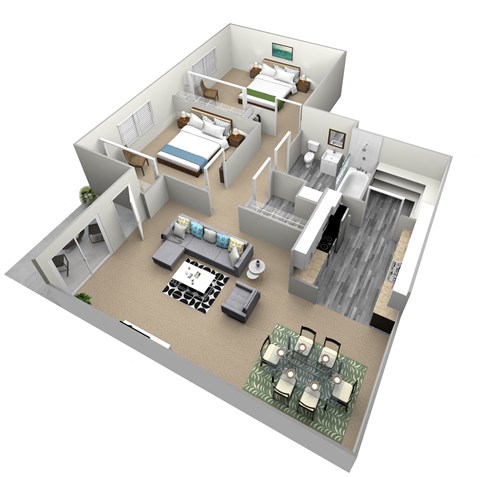 Floor plan for 2 beds, 1 bath, 796 sqft